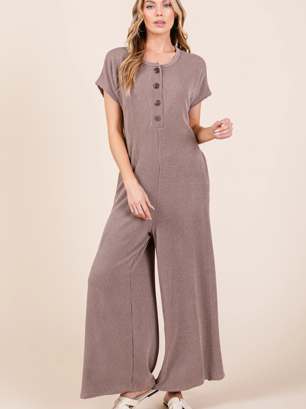 Ribbed Short-Sleeve Wide-Leg Jumpsuit in Taupe NWT size L